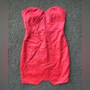 Bebe Faux Leather Neon Orange Asymmetrical Hem Dress (Size M)